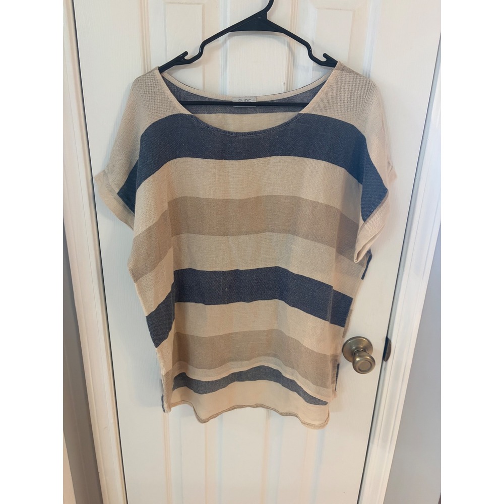 Pure Venice Striped Top Womens XL Blue Tan Cream Short Sleeve Relaxed Blouse